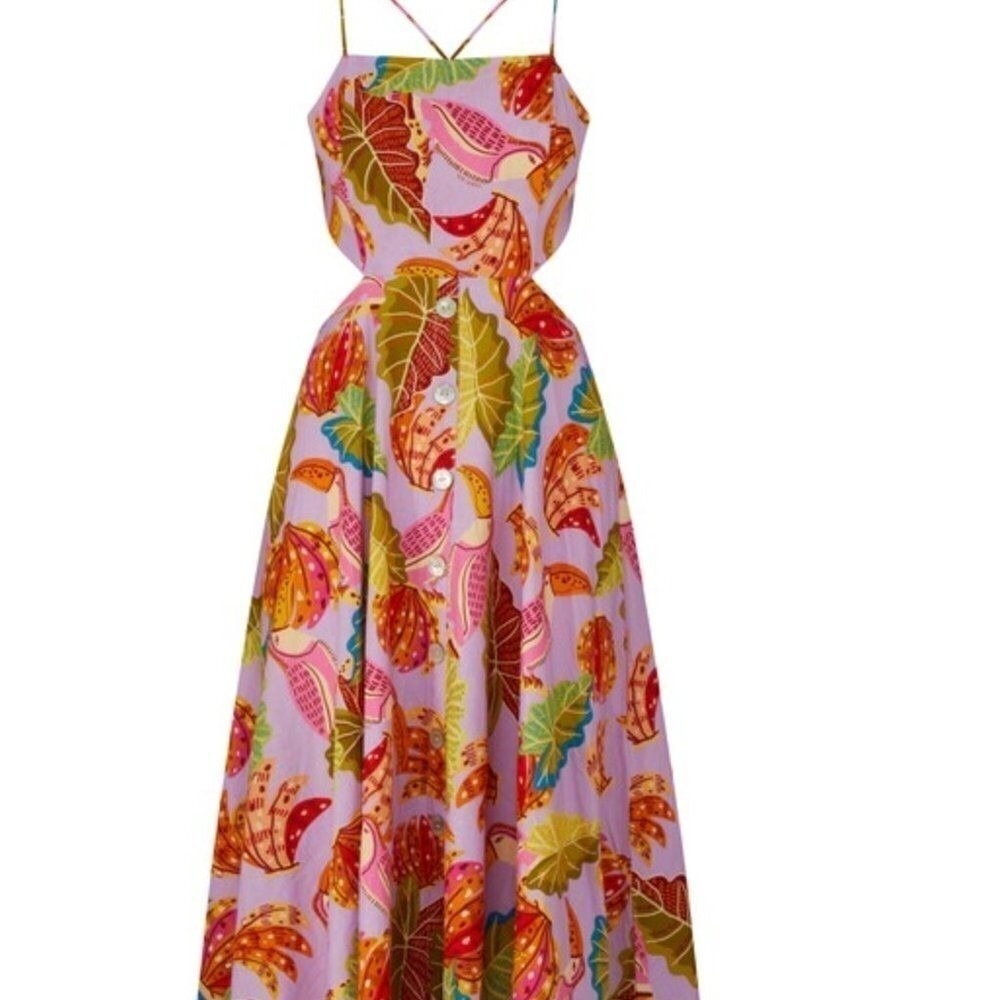 Farm Rio Lilac Beaks and Bananas Print Cutout Midi Dress Button Front Womens | M - Picture 14 of 16
